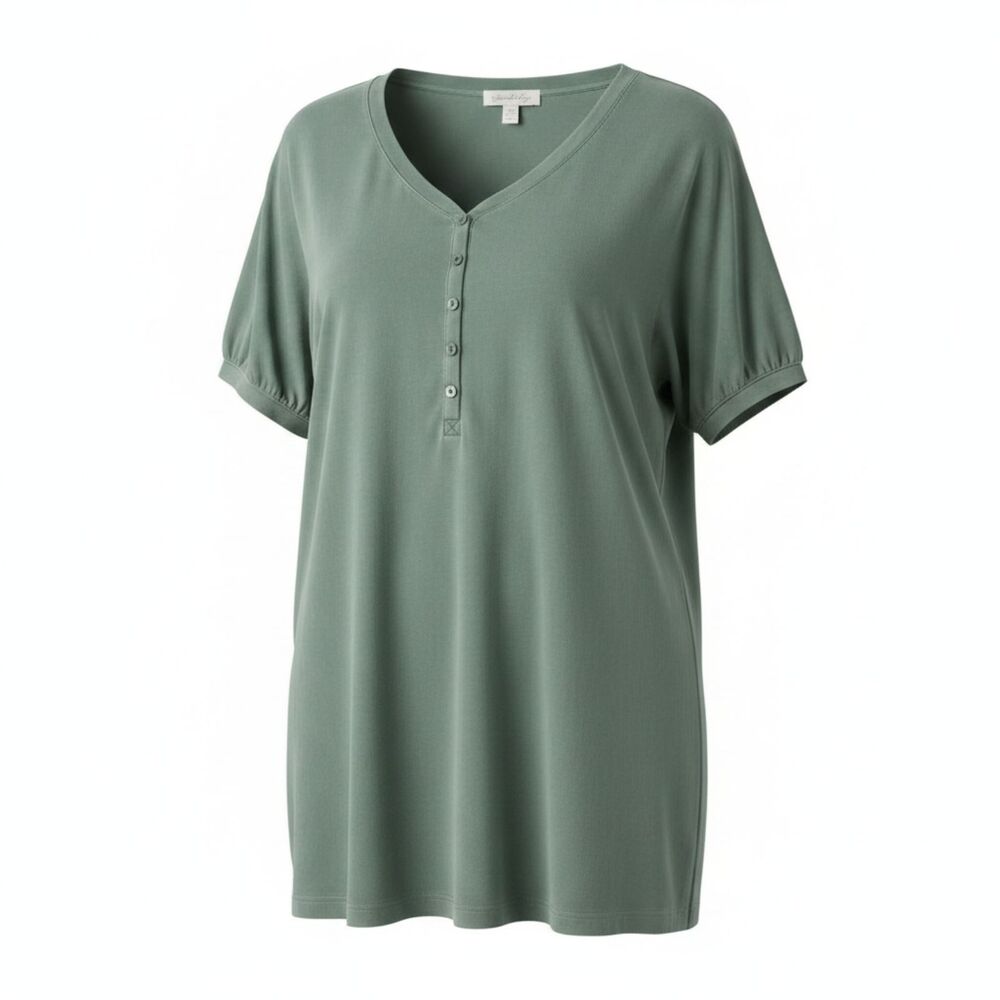 Wonderly Women's Green Oversized Henley Top Ruched Short Sleeve Large